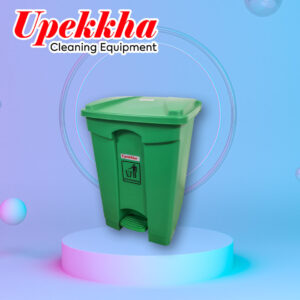 Upekkha green plastic bin with a plastic foot pedal plus a Upekkha branding and black trash can logo on the front.