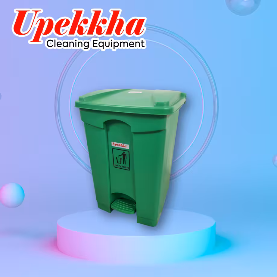 Upekkha green plastic bin with a plastic foot pedal plus a Upekkha branding and black trash can logo on the front.