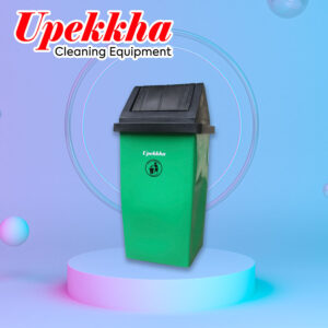Upekkha V-BIN.FT series polyethylene green waste bin with black flip top cover in a triangular prism shape.
