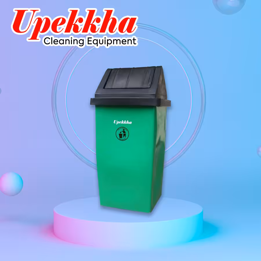 Upekkha V-BIN.FT series polyethylene green waste bin with black flip top cover in a triangular prism shape.