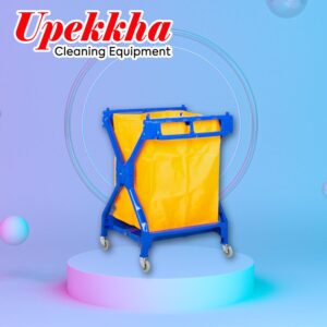 Upekkha laundry trolley with blue x plastic frame and yellow bag.
