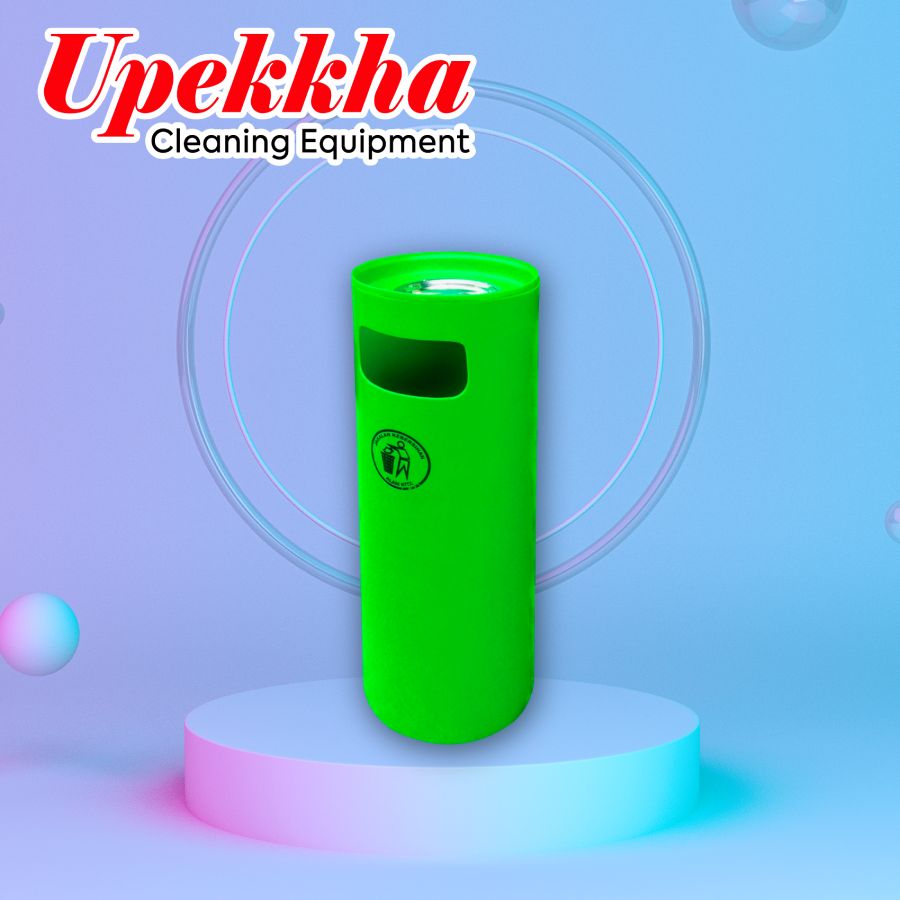 Upekkha green polyethylene bin with front waste collection opening and ashtray on top.