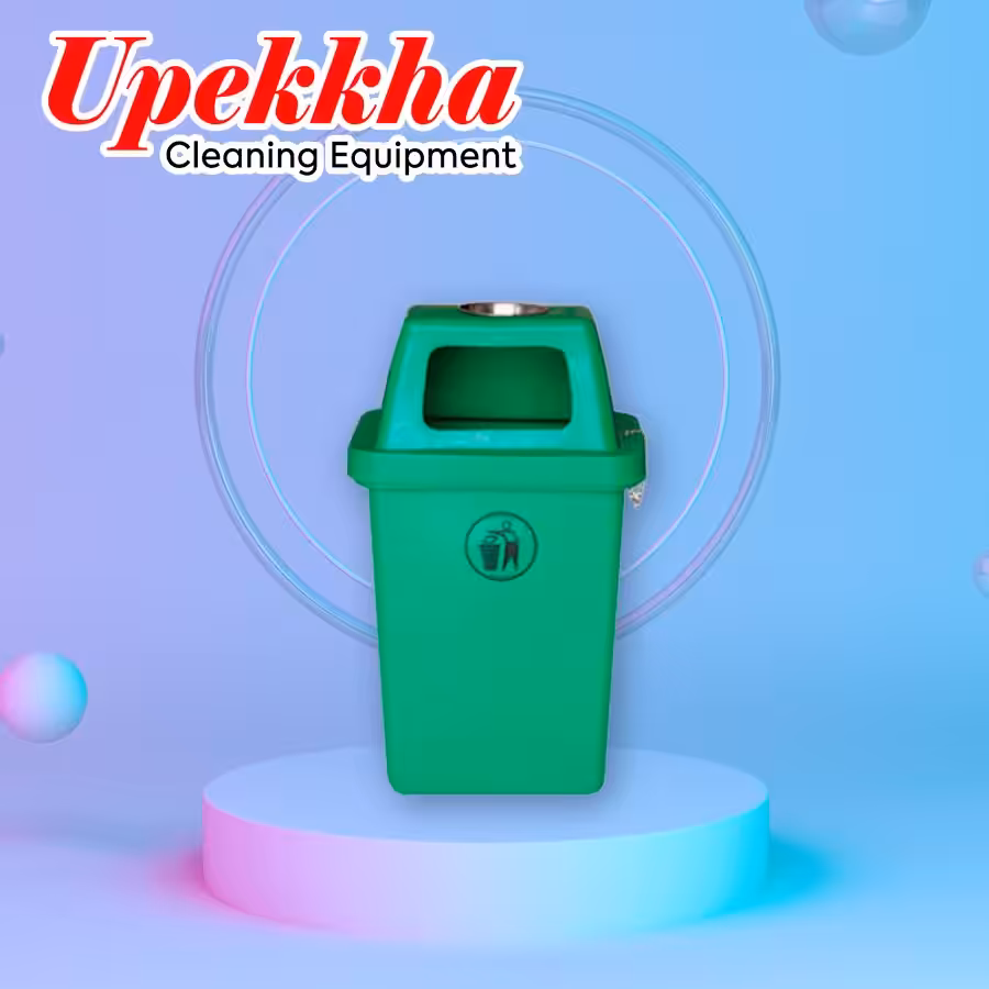 Upekkha V-BIN-20 green polyethylene bin with front waste collection opening and an ashtray on top of the cover.