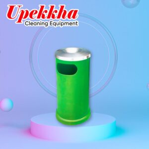 Upekkha V-BIN-21 green cylindrical polyethylene bin with brushed stainless steel ashtray top cover.