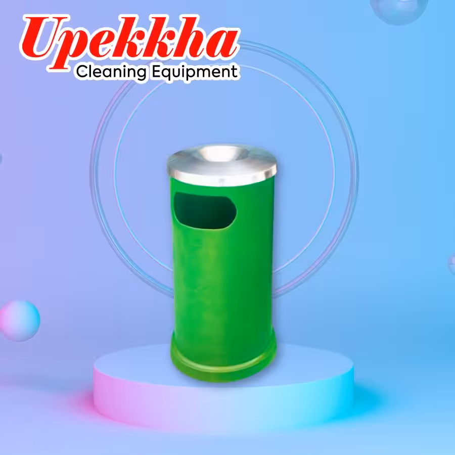 Upekkha V-BIN-21 green cylindrical polyethylene bin with brushed stainless steel ashtray top cover.