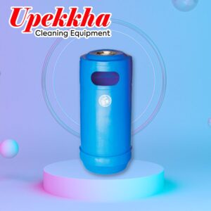 Upekkha V-BIN-22 blue cylindrical polyethylene bin with dront waste collection opening and a stainless steel ashtray on top.