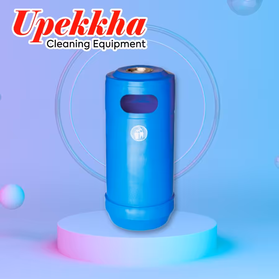 Upekkha V-BIN-22 blue cylindrical polyethylene bin with dront waste collection opening and a stainless steel ashtray on top.