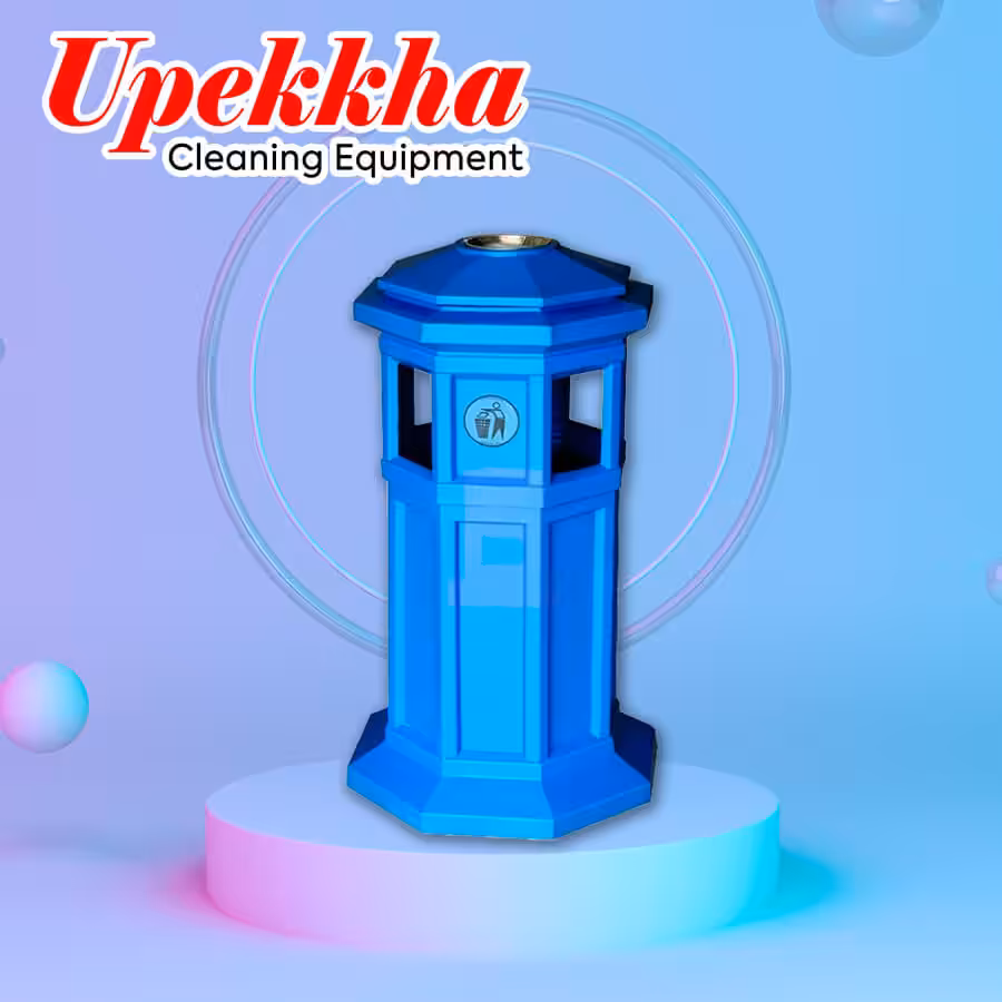 Upekkha V-BIN-23 blue equiangular hexagonal prism waste bin with ashtray on top.