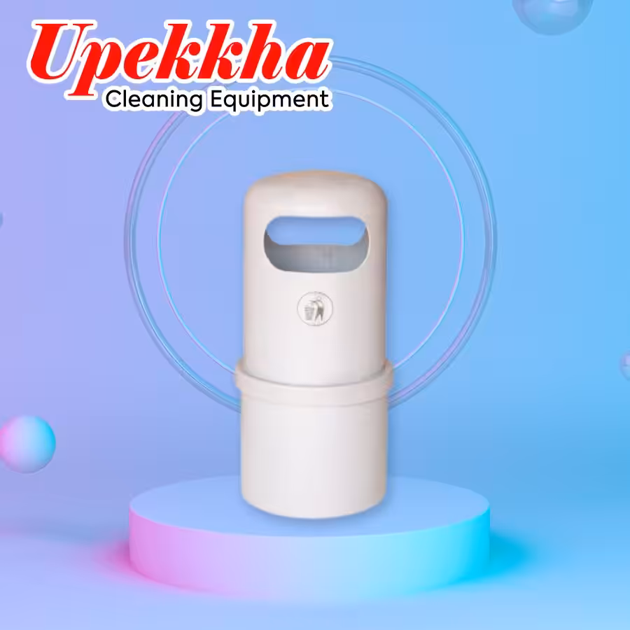 Upekkha V-BIN-25 white cylindrical polyethylene bin with front and back trash collection openings.