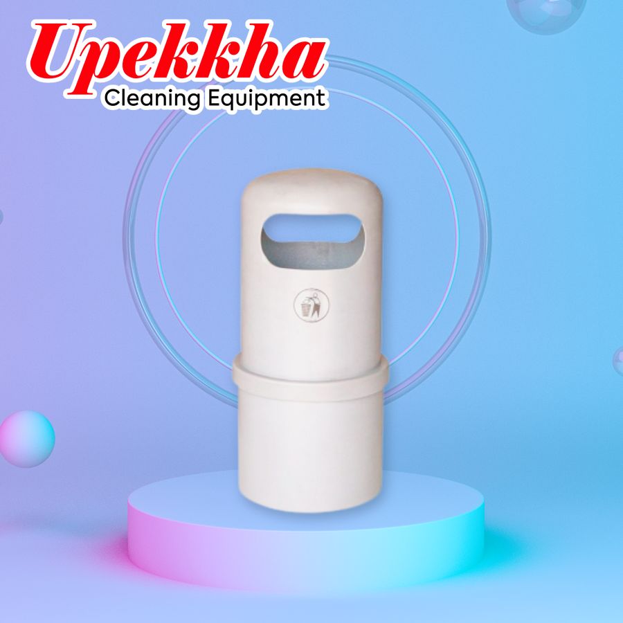 Upekkha V-BIN-25 white cylindrical polyethylene bin with front and back trash collection openings.