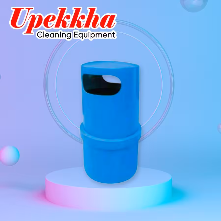 Upekkha V-BIN-26 blue cylindrical polyethylene bin with trash collection openings on the front and back sides.