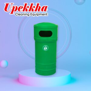 Upekkha V-BIN-27 green cylindrical polyethylene bin with a round white logo of a human silhouette throwing trash into a bin on the front.