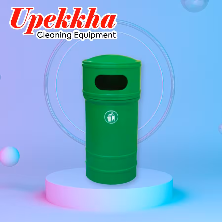 Upekkha V-BIN-27 green cylindrical polyethylene bin with a round white logo of a human silhouette throwing trash into a bin on the front.