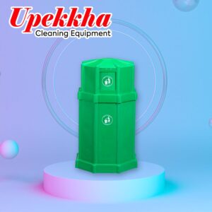 Upekkha V-BIN-30 green octagonal prism polyethylene bin with a small white colored round logo of a human silhouette throwing trash into the bin.