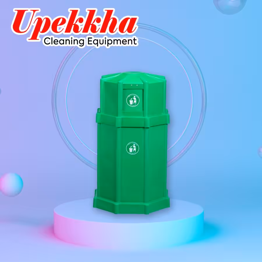 Upekkha V-BIN-30 green octagonal prism polyethylene bin with a small white colored round logo of a human silhouette throwing trash into the bin.
