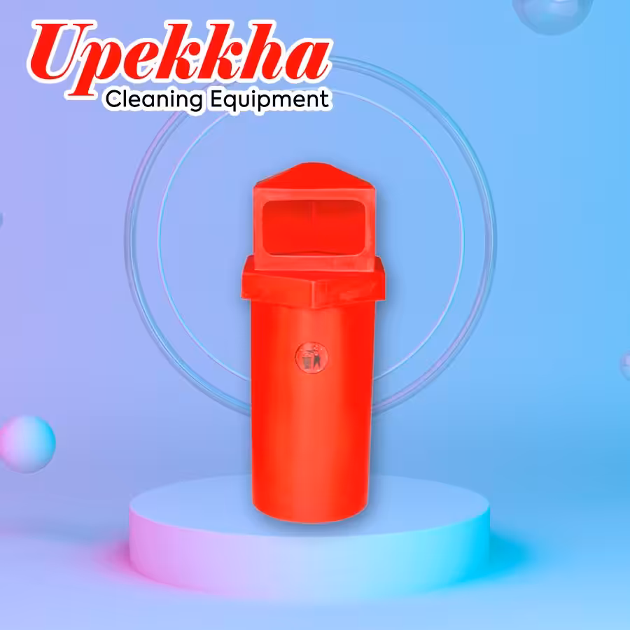 Upekkha V-BIN-31 and V-BIN-32 red polyethylene bin with a cylindrical body and triangular prism shaped top.