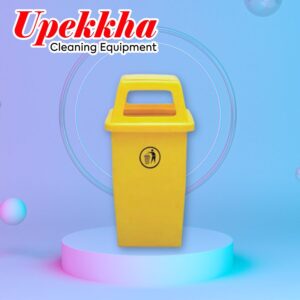 Upekkha V-BIN-35 yellow polyethylene bin with front and back trash collection openings and a small black logo on the front showing a human silhouette throwing trash into a bin.