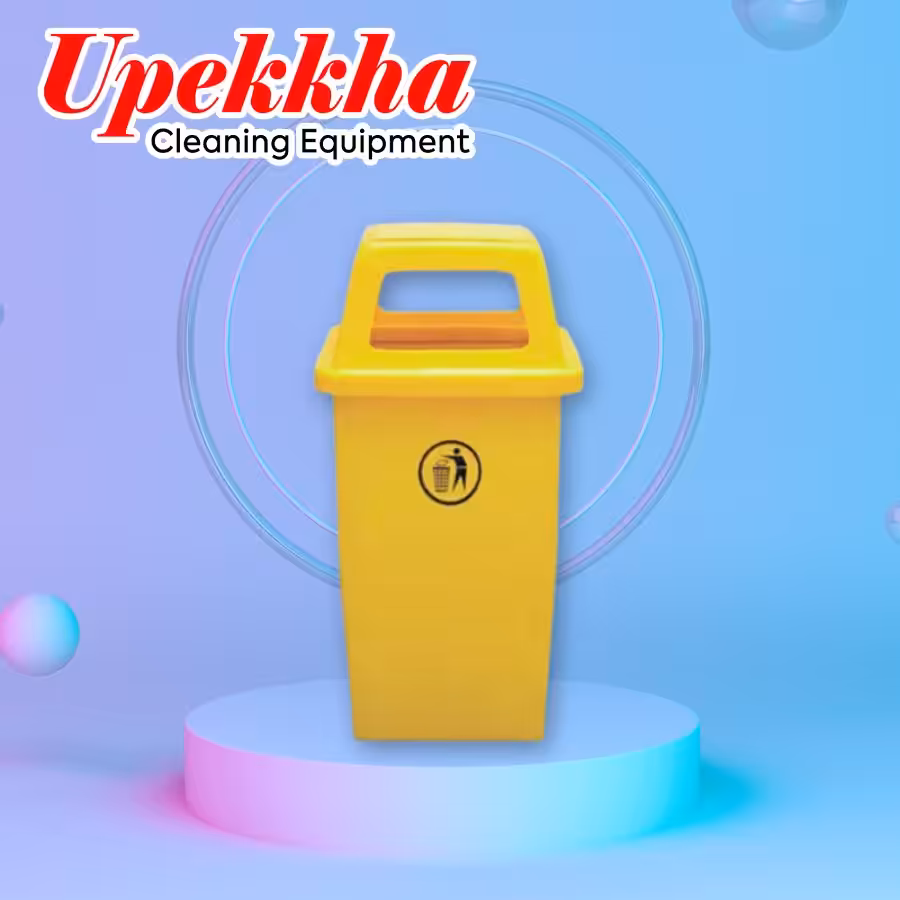 Upekkha V-BIN-35 yellow polyethylene bin with front and back trash collection openings and a small black logo on the front showing a human silhouette throwing trash into a bin.