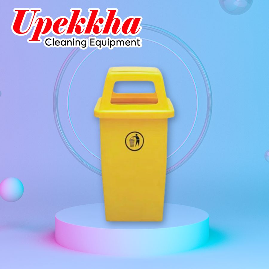 Upekkha V-BIN-35 yellow polyethylene bin with front and back trash collection openings and a small black logo on the front showing a human silhouette throwing trash into a bin.