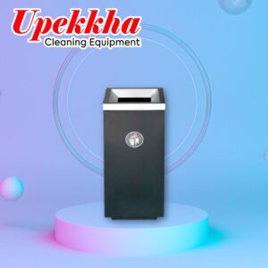 Upekkha V-BIN-40 black upright rectangular cuboid polyethylene bin with brushed stainless steel open top cover.