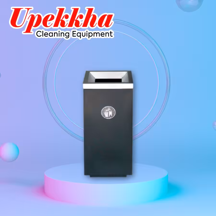 Upekkha V-BIN-40 black upright rectangular cuboid polyethylene bin with brushed stainless steel open top cover.
