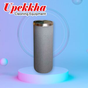 Upekkha grey cylindrical polyethylene bin with brushed stainless steel swing top cover.