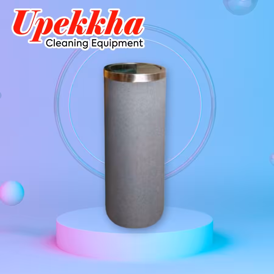 Upekkha grey cylindrical polyethylene bin with brushed stainless steel swing top cover.