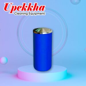 Upekkha V-BIN-45 blue cylindrical polyethylene bin with a brushed stainless steel dome shaped swing lid top cover.