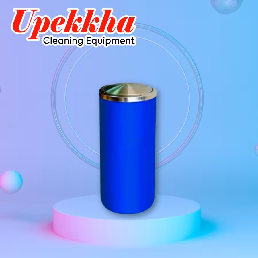 Upekkha V-BIN-45 blue cylindrical polyethylene bin with a brushed stainless steel dome shaped swing lid top cover.