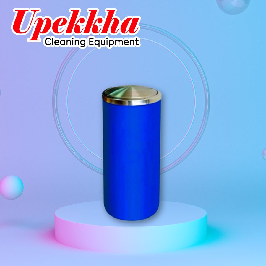Upekkha V-BIN-45 blue cylindrical polyethylene bin with a brushed stainless steel dome shaped swing lid top cover.