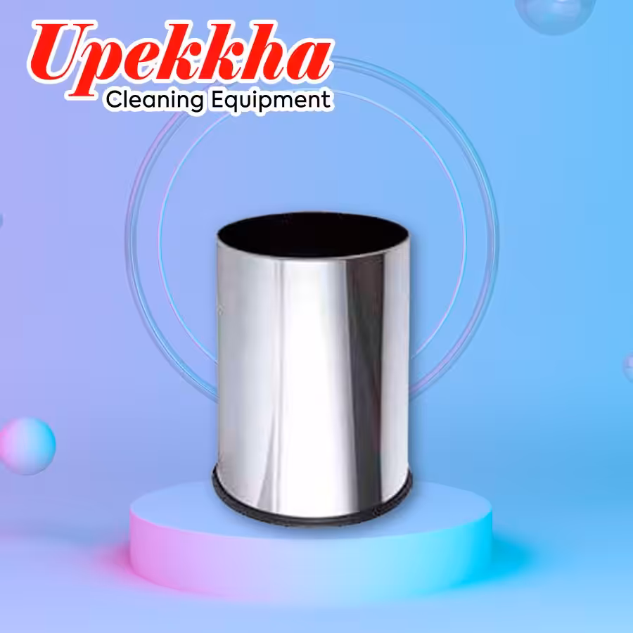 Upekkha V-BIN.S10 round shiny silver stainless steel cylinder bin with an open top.
