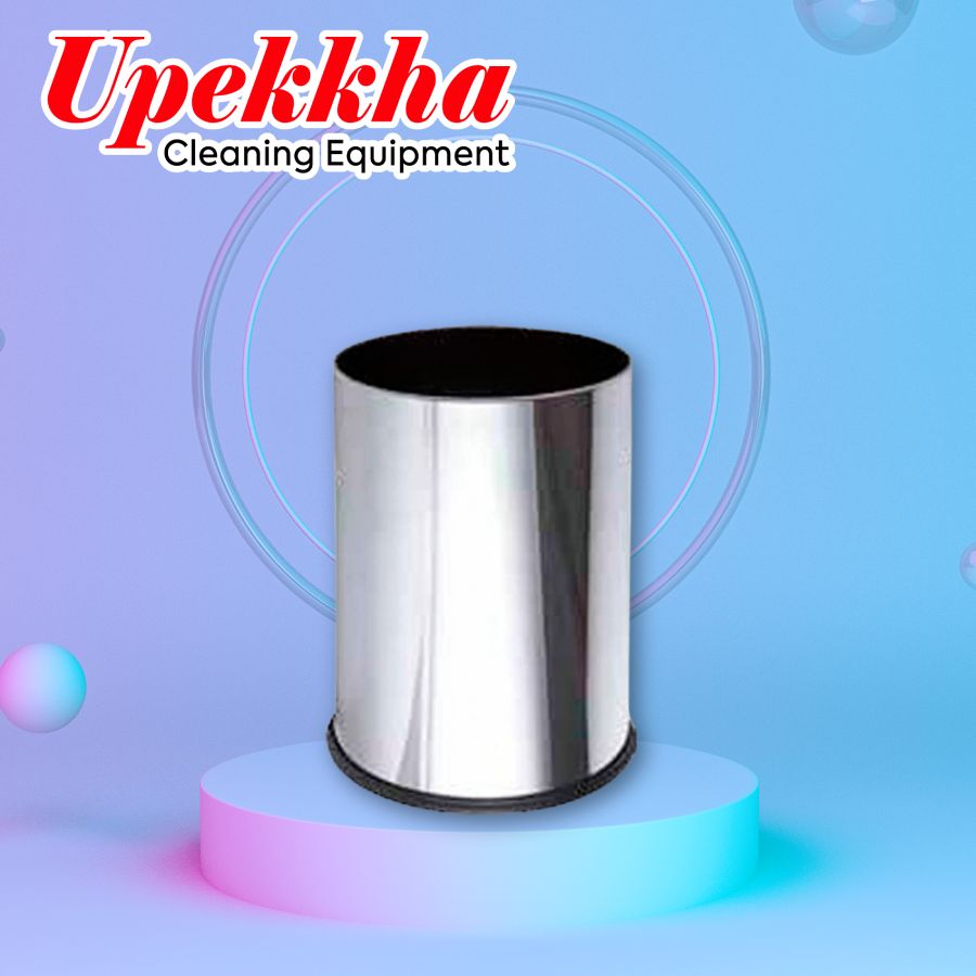 Upekkha V-BIN.S10 round shiny silver stainless steel cylinder bin with an open top.