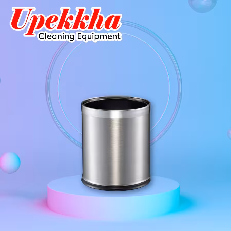 Upekkha V-BIN.S9 short and shiny silver cylindrical stainless steel bin with an open top.
