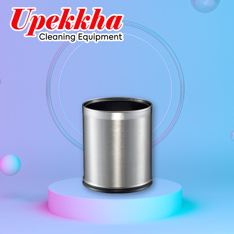 Upekkha V-BIN.S9 short and shiny silver cylindrical stainless steel bin with an open top.