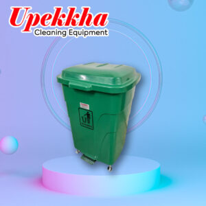 Upekkha green plastic bin with stainless steel foot pedal and black logo on the front.
