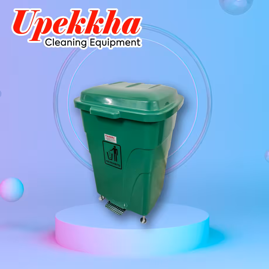 Upekkha green plastic bin with stainless steel foot pedal and black logo on the front.