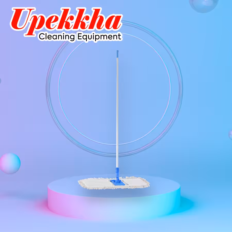 Upekkha microfiber dust mop with a long aluminum handle with blue accents on the ends.