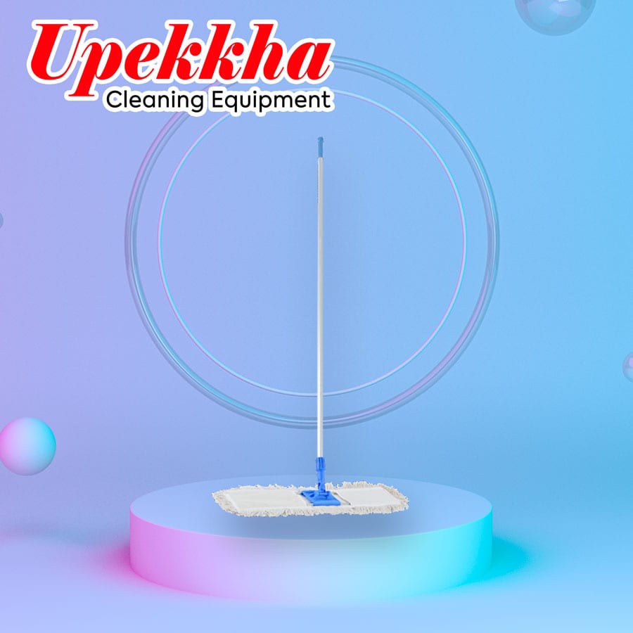Upekkha microfiber dust mop with a long aluminum handle with blue accents on the ends.